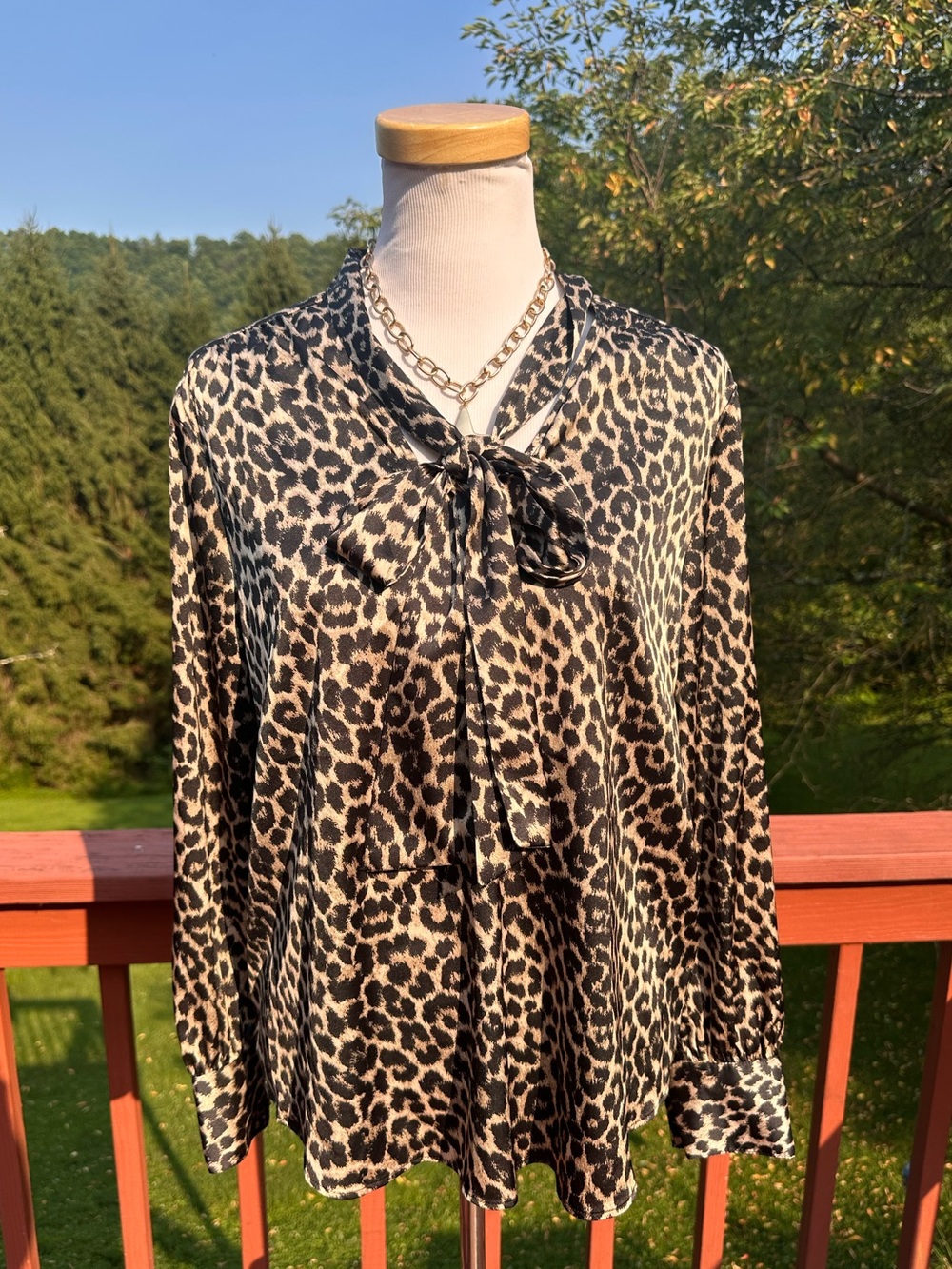 Liverpool Leopard Tie-Neck Blouse Satin Animal Print NWT